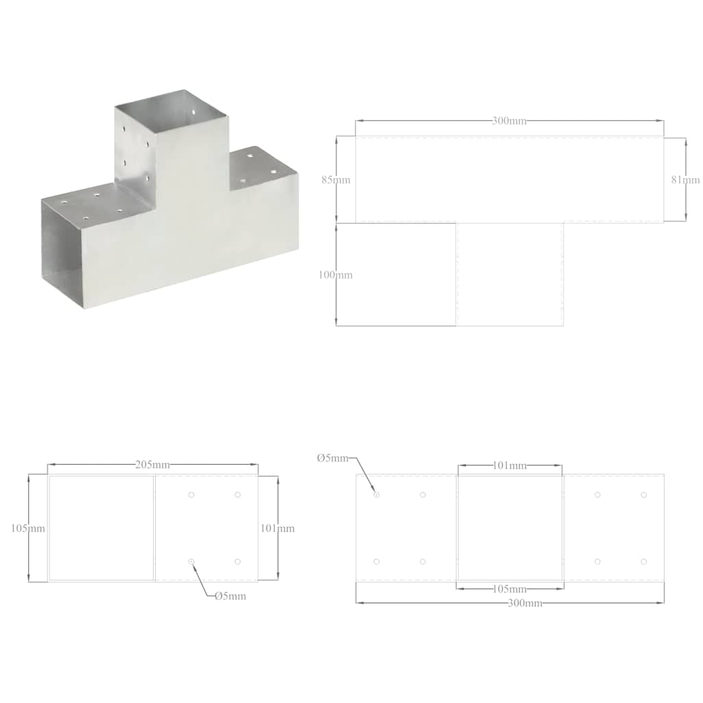 145480 vidaXL Post Connectors 4 pcs T Shape Galvanised Metal 101x101 mm