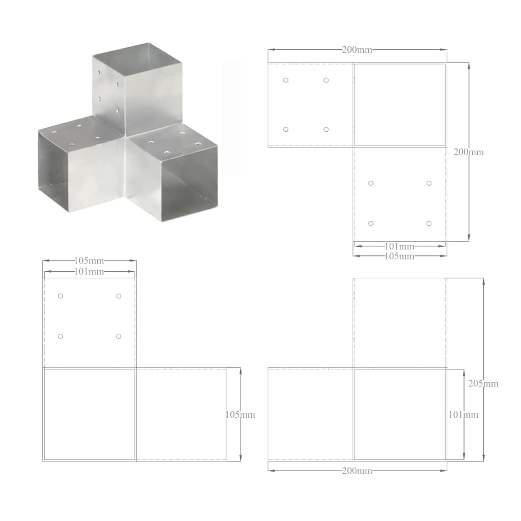 145482 vidaXL Post Connectors 4 pcs Y Shape Galvanised Metal 101x101 mm