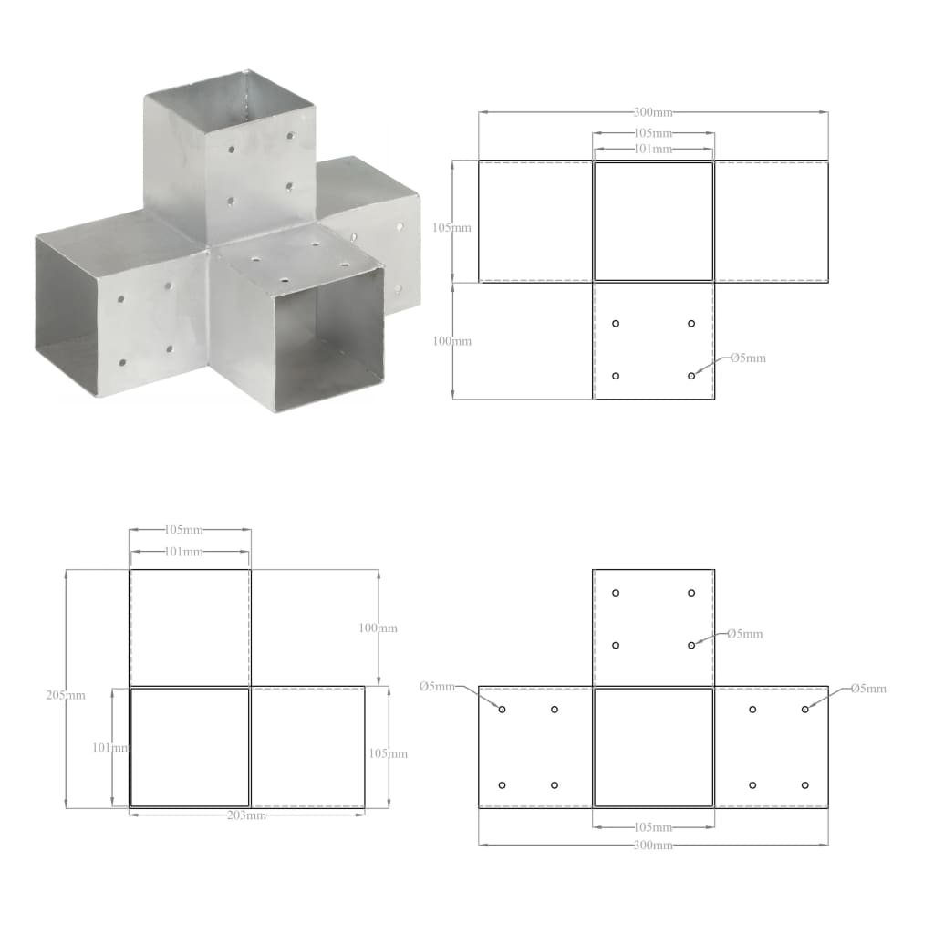 Post Connectors 4 pcs X Shape Galvanised Metal 101x101 mm