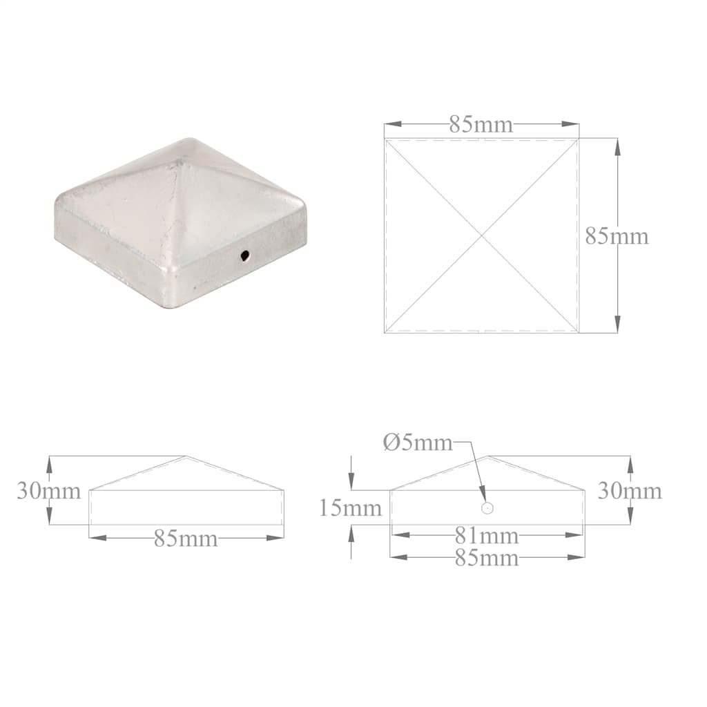 Pyramid Fence Post Caps 6 pcs Galvanised Metal 81x81 mm