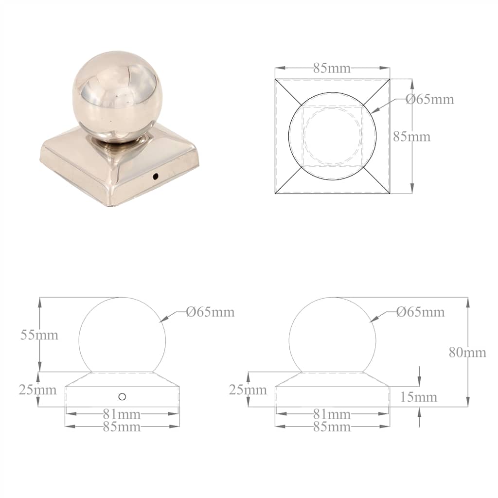 145494 vidaXL Post Caps 6 pcs Globe Final Stainless Steel 81x81 mm