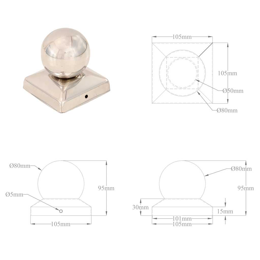 145496 vidaXL Post Caps 6 pcs Globe Final Stainless Steel 101x101 mm