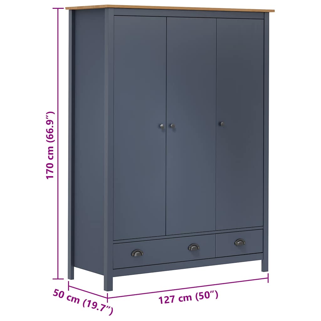 288953 vidaXL 3-Door Wardrobe "Hill" Grey 127x50x170 cm Solid Pine Wood