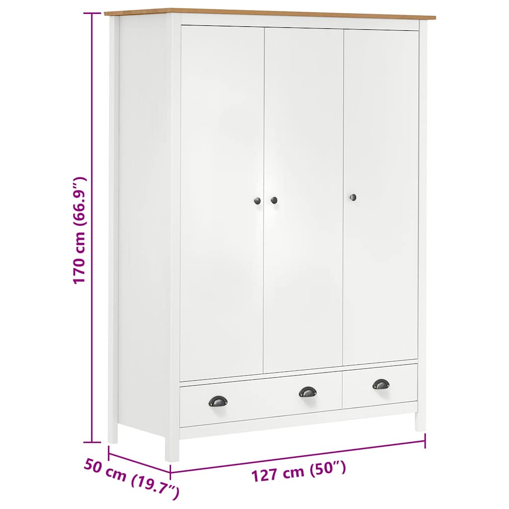 288954 vidaXL 3-Door Wardrobe "Hill" White 127x50x170 cm Solid Pine Wood