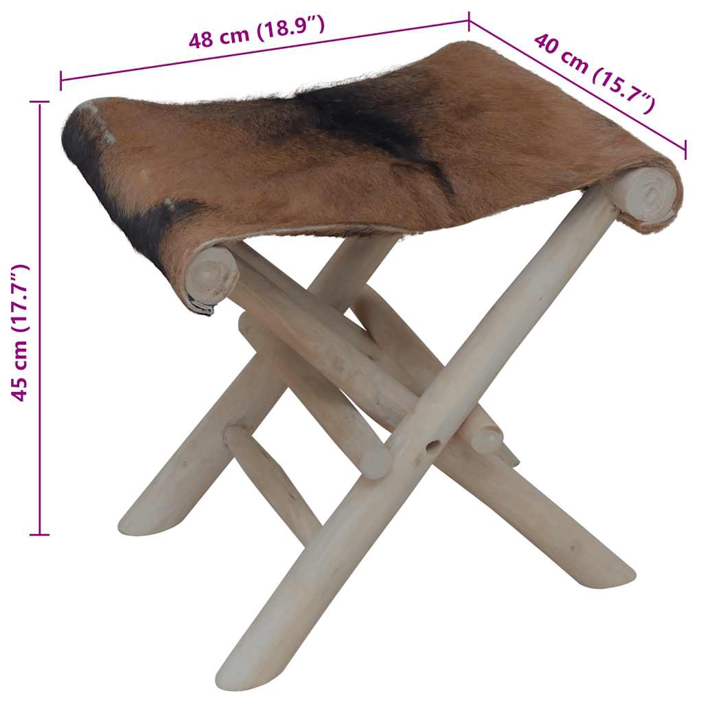 Folding Stool Goatskin Leather and Solid Teak Wood