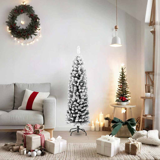 Slim Artificial Christmas Tree with Flocked Snow Green 150 cm PVC Slim Artificial Christmas Tree with Flocked Snow Green 150 cm PVC