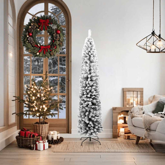 Slim Artificial Christmas Tree with Flocked Snow Green 180 cm PVC Slim Artificial Christmas Tree with Flocked Snow Green 180 cm PVC
