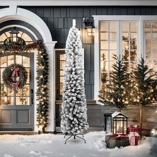 Slim Artificial Christmas Tree with Flocked Snow Green 210 cm PVC Slim Artificial Christmas Tree with Flocked Snow Green 210 cm PVC