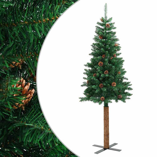 Slim Christmas Tree with Real Wood and Cones Green 180 cm PVC Slim Christmas Tree with Real Wood and Cones Green 180 cm PVC