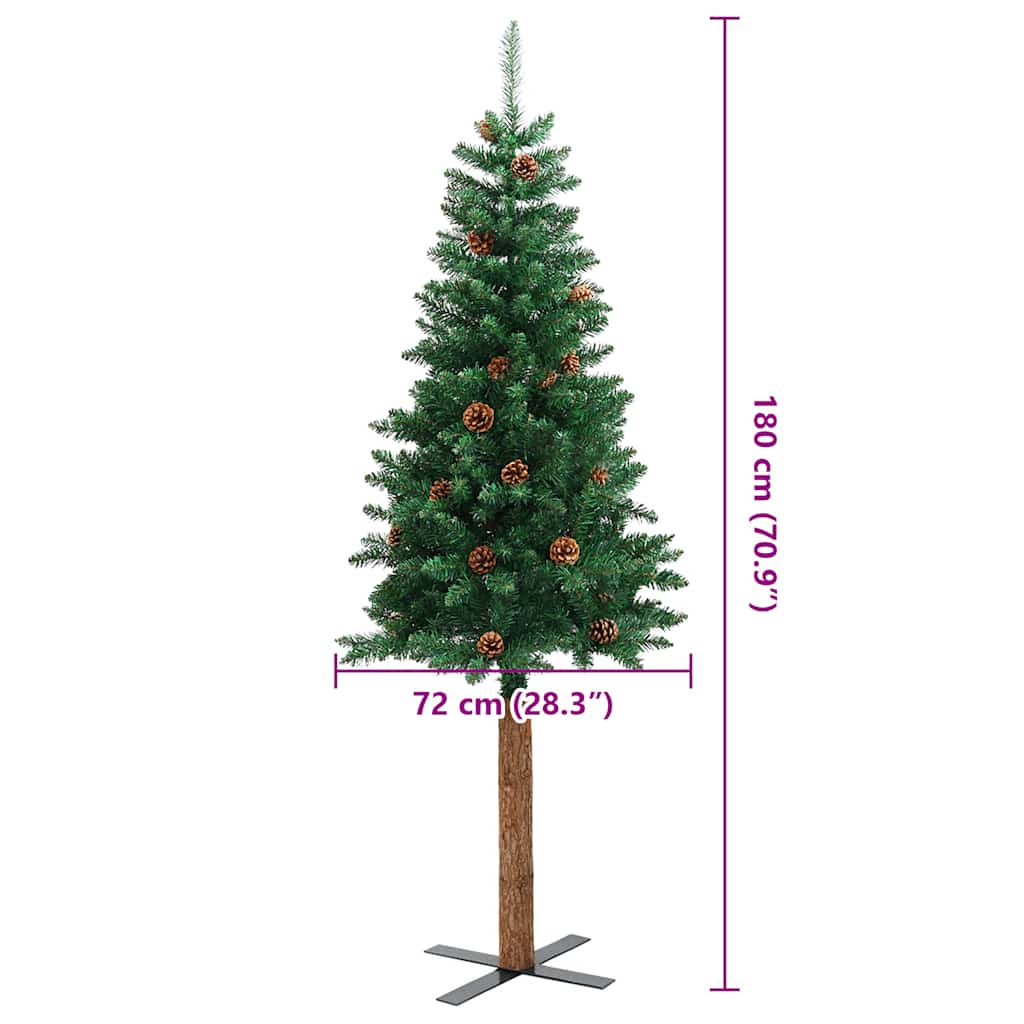 Slim Christmas Tree with Real Wood and Cones Green 180 cm PVC
