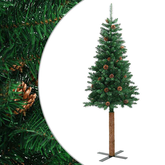 Slim Christmas Tree with Real Wood and Cones Green 210 cm PVC Slim Christmas Tree with Real Wood and Cones Green 210 cm PVC