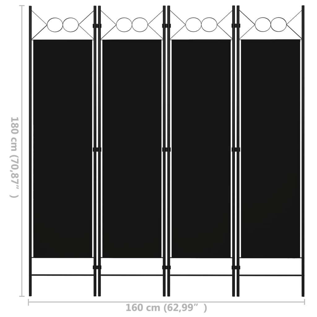 320705 vidaXL 4-Panel Room Divider Black 160x180 cm