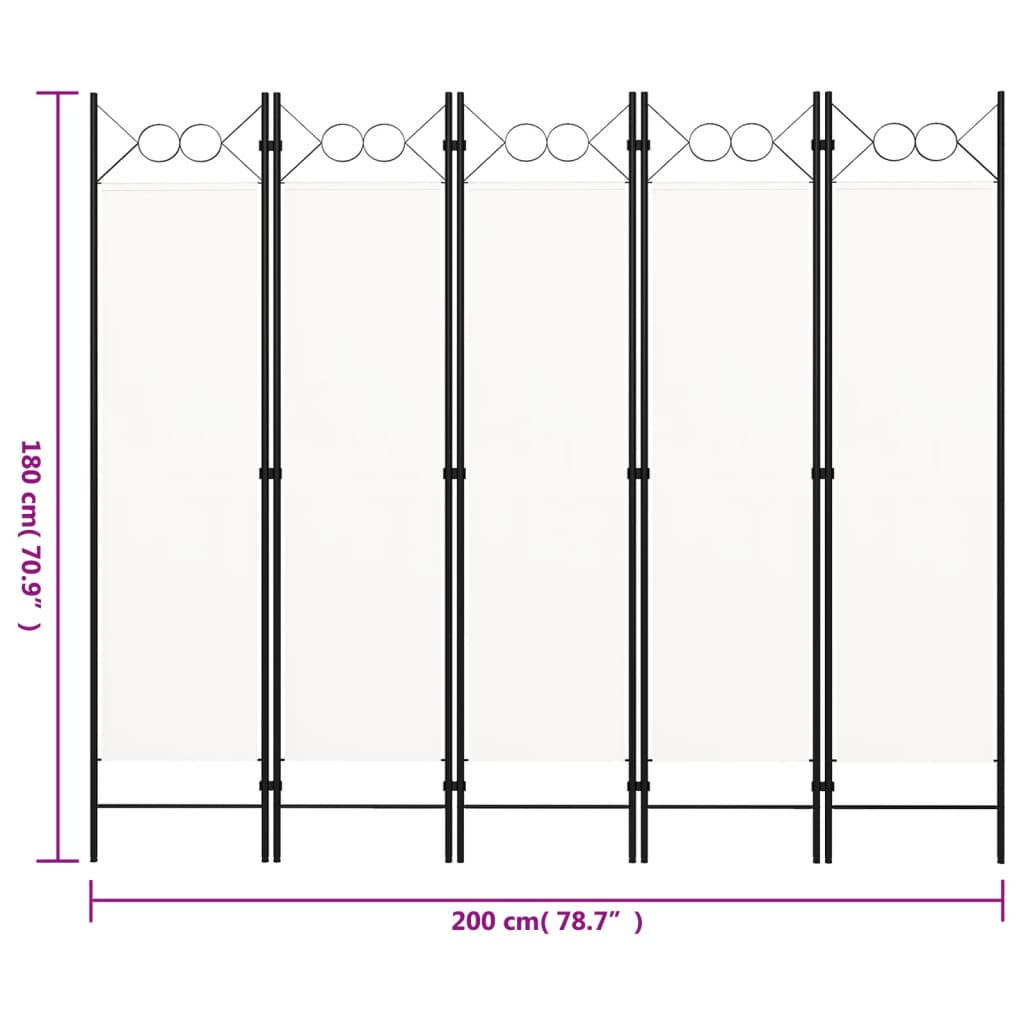 320707 vidaXL 5-Panel Room Divider White 200x180 cm