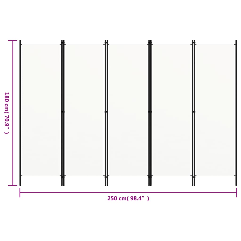 320723 vidaXL 5-Panel Room Divider White 250x180 cm