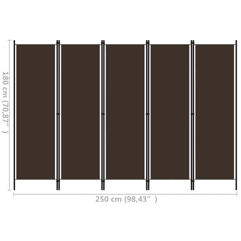 320724 vidaXL 5-Panel Room Divider Brown 250x180 cm