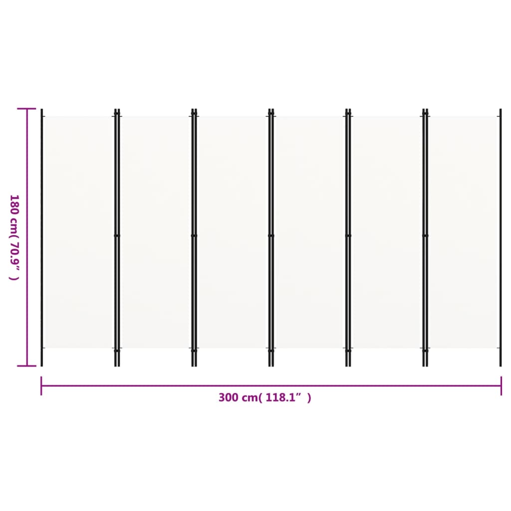 320727 vidaXL 6-Panel Room Divider White 300x180 cm