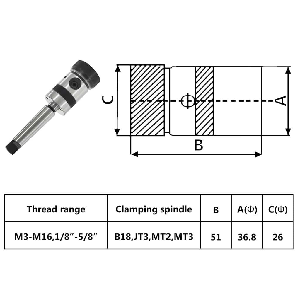 Tapping Chuck TC16-B18 MT3 Shank for Internal Thread M3-M16
