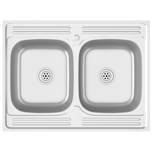 Kitchen Sink with Double Basins Silver 800x600x155 mm Stainless Steel Kitchen Sink with Double Basins Silver 800x600x155 mm Stainless Steel