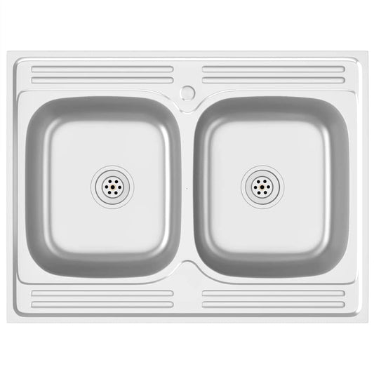 Kitchen Sink with Double Basins Silver 800x600x155 mm Kitchen Sink with Double Basins Silver 800x600x155 mm