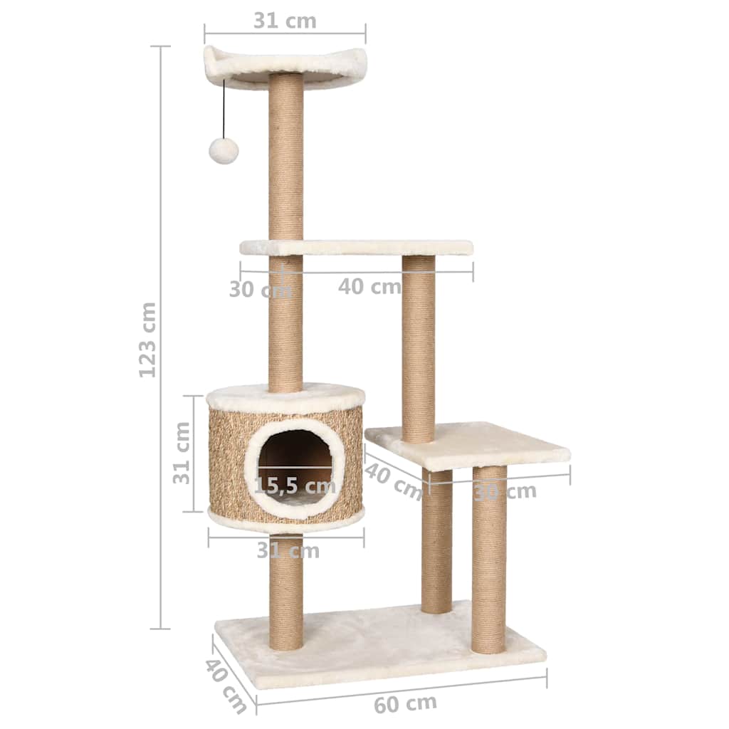 170979 vidaXL Cat Tree with Scratching Post 123cm Seagrass