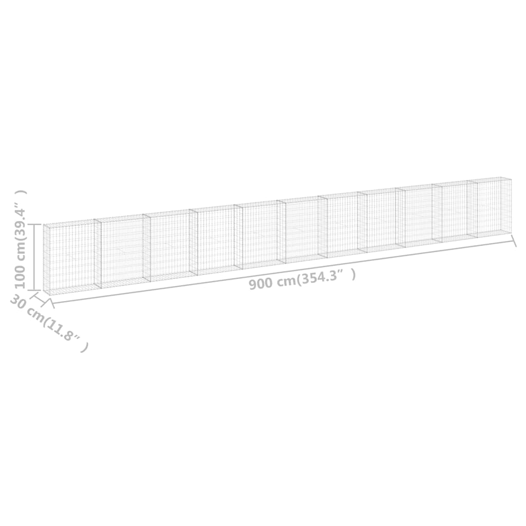 147817 vidaXL Gabion Wall with Covers Galvanised Steel 900x30x100 cm