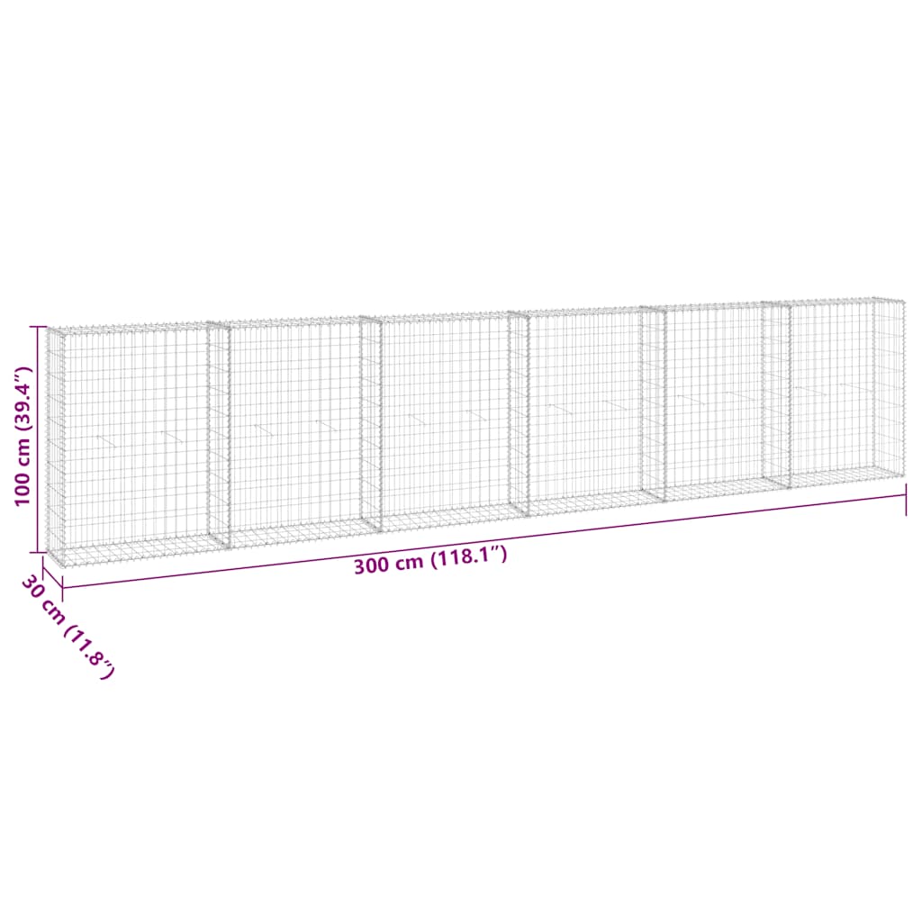 147821 vidaXL Gabion Wall with Covers Galvanised Steel 300x30x100 cm