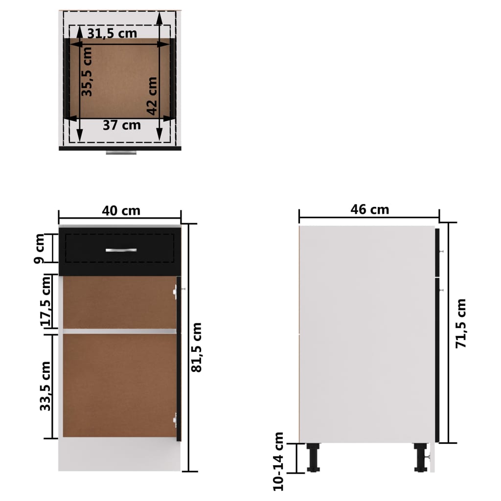801213 vidaXL Drawer Bottom Cabinet "Lyon" Black 40x46x81,5 cm Engineered Wood