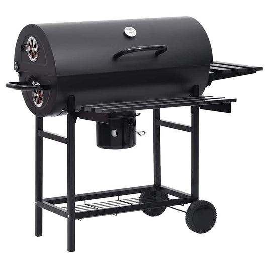 Barrel Grill with Wheels and Shelves Black Steel 115x85x95 cm Barrel Grill with Wheels and Shelves Black Steel 115x85x95 cm