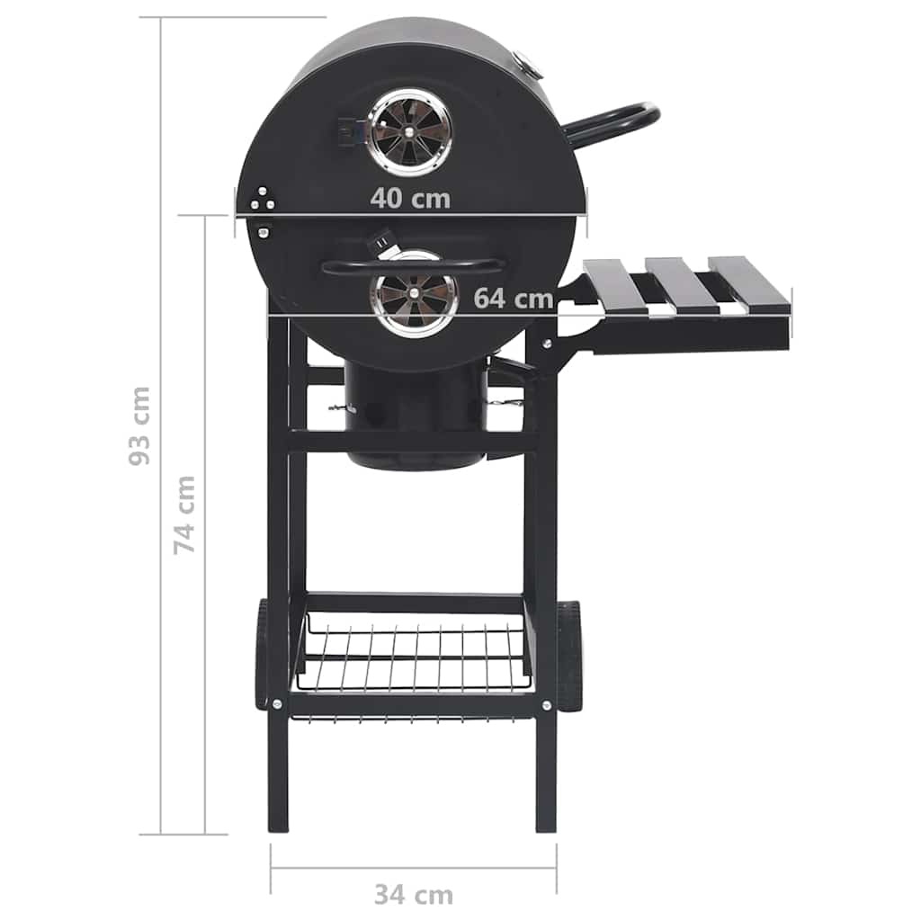 313636 vidaXL Barrel Grill with Wheels and Shelves Black Steel 115x85x95 cm