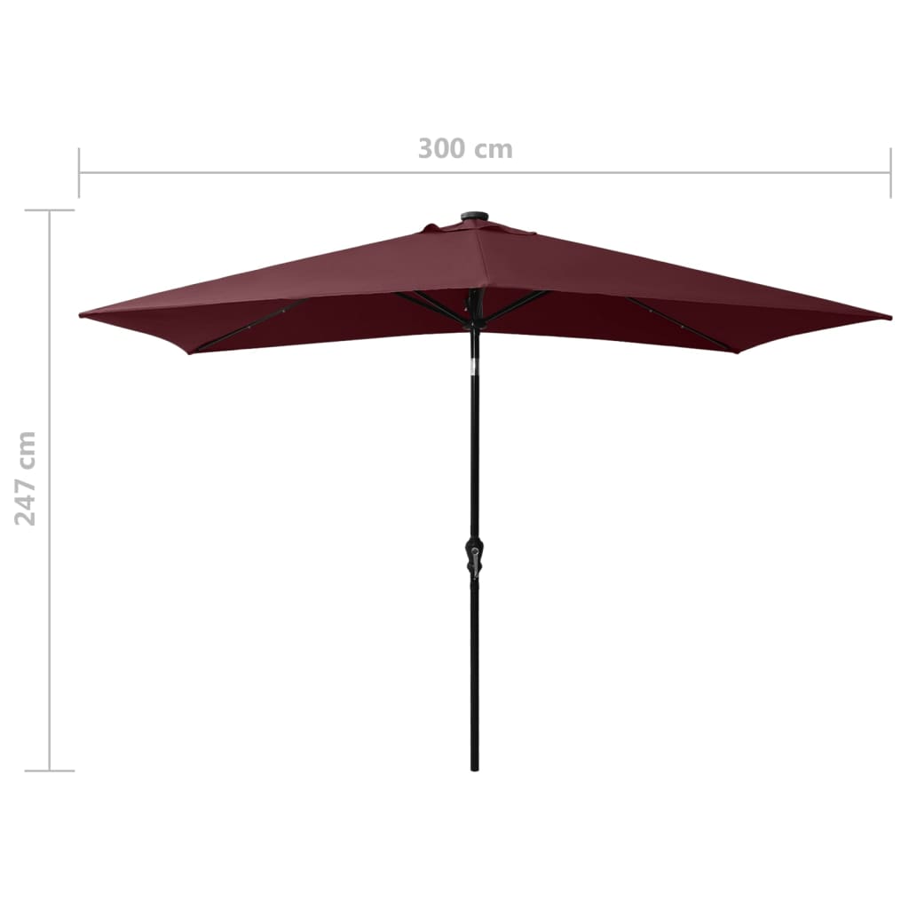 313790 vidaXL Garden Parasol with LEDs and Steel Pole Bordeaux Red 2x3 m
