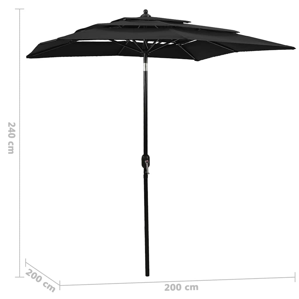 313850 vidaXL 3-Tier Garden Parasol with Aluminium Pole Black 2x2 m