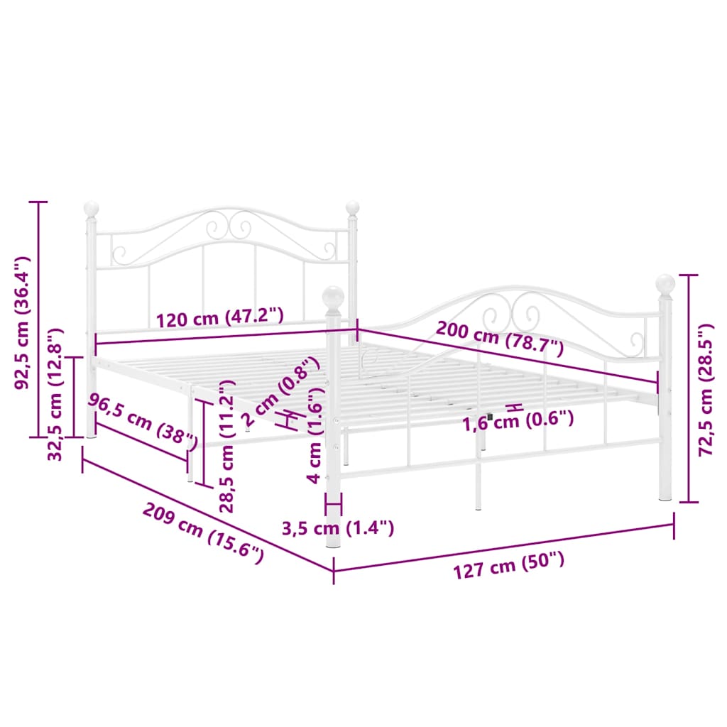 Bed Frame without Mattress White Metal 120x200 cm