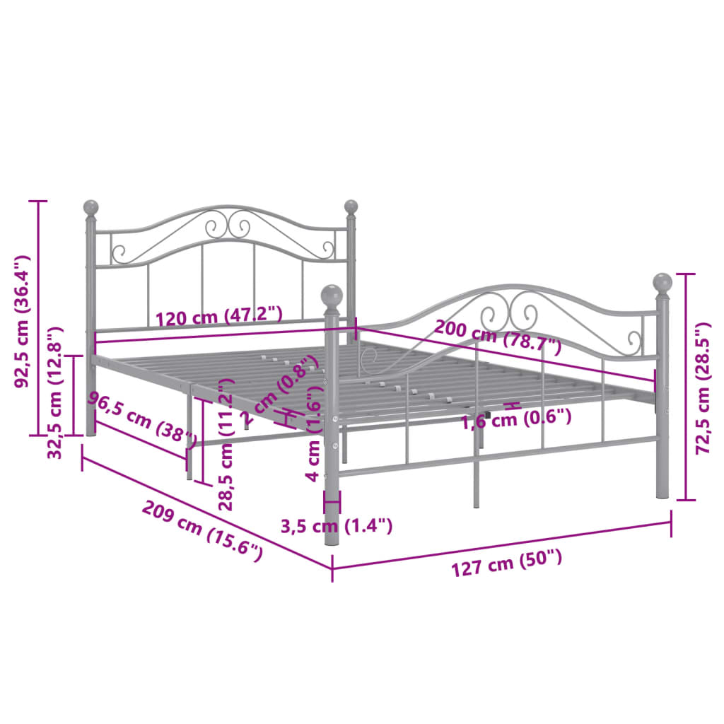 Bed Frame | Grey | Powder-coated metal | Double | Bed Frame | Rectangular