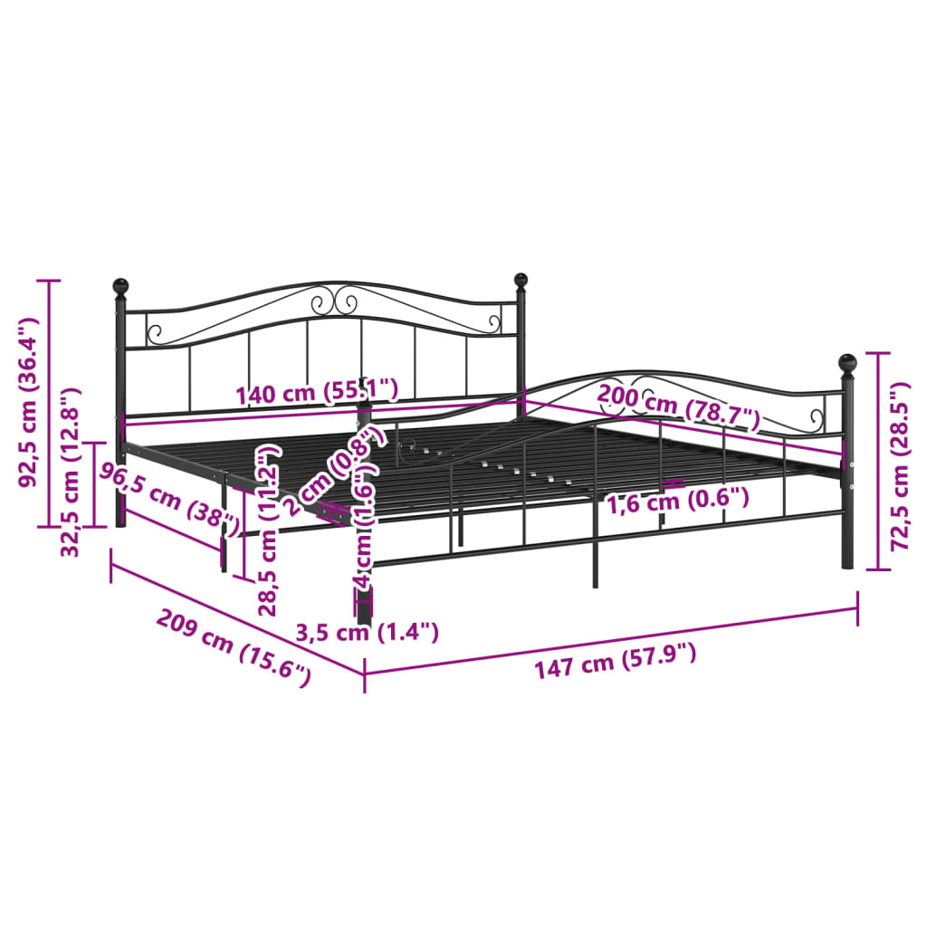 Bed Frame without Mattress Black Metal 140x200 cm