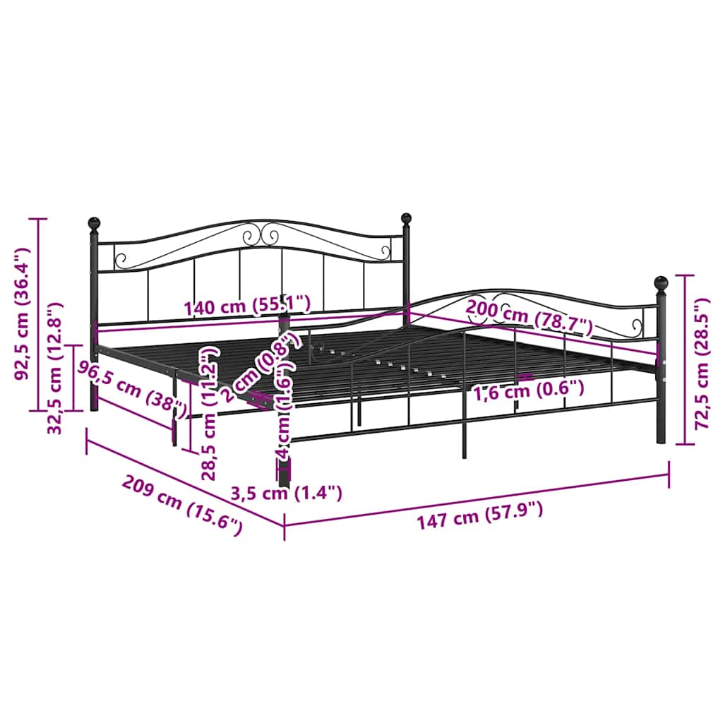 Bed Frame without Mattress Black Metal 140x200 cm