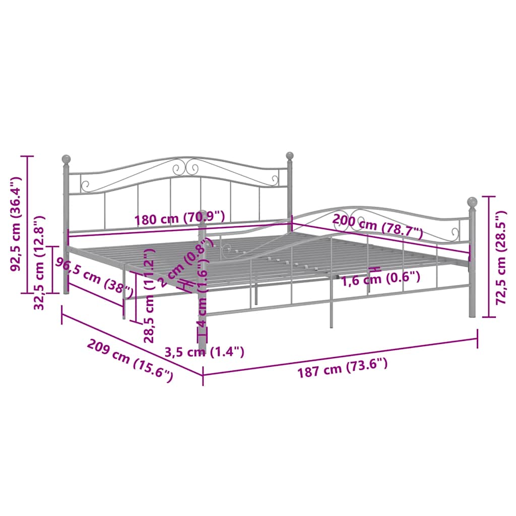 Bed Frame without Mattress Grey Metal 180x200 cm
