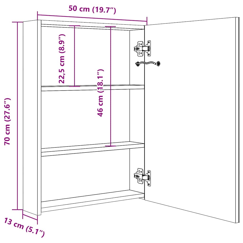 326492 vidaXL LED Bathroom Mirror Cabinet Oak 50x13x70 cm