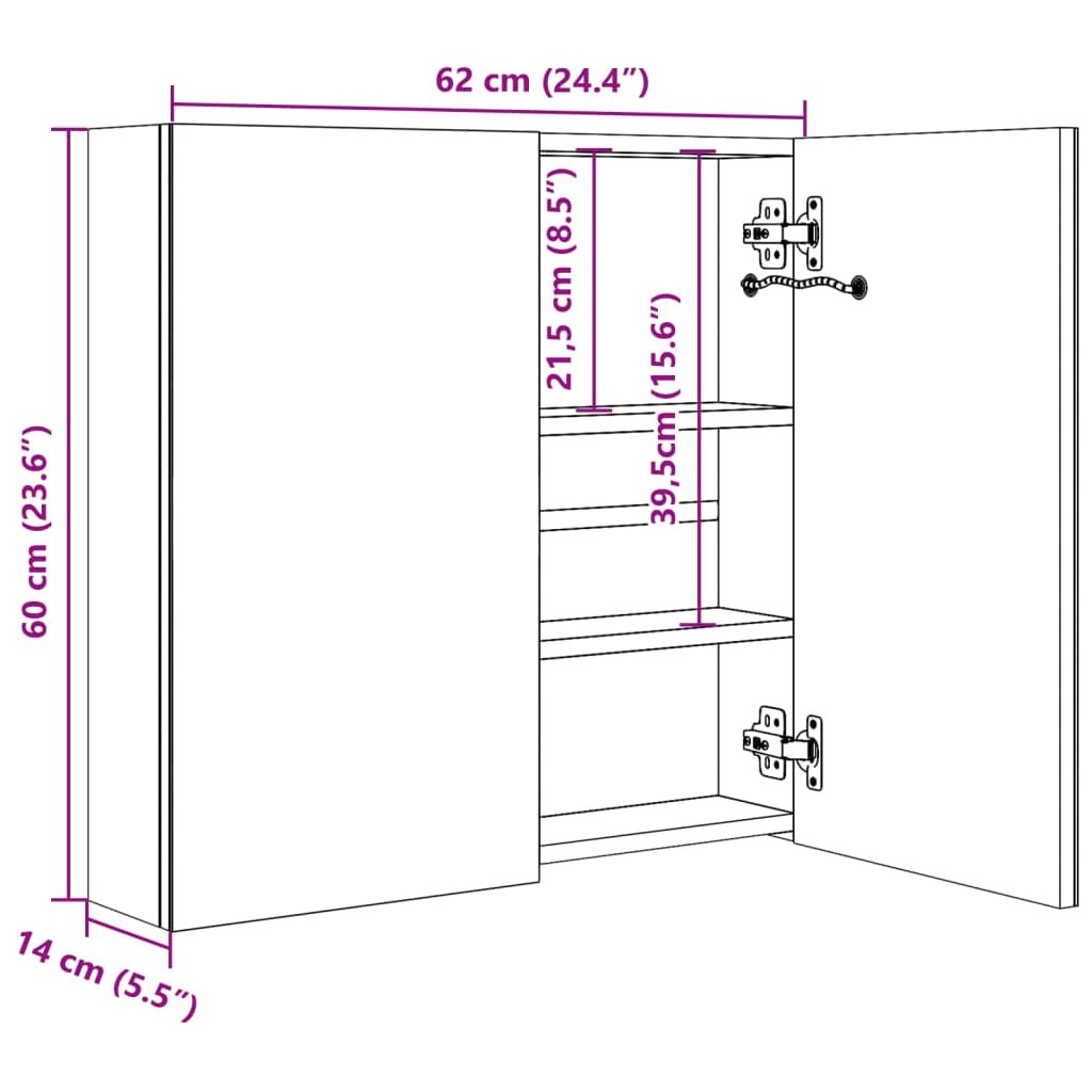 326524 vidaXL LED Bathroom Mirror Cabinet Shining White 62x14x60 cm