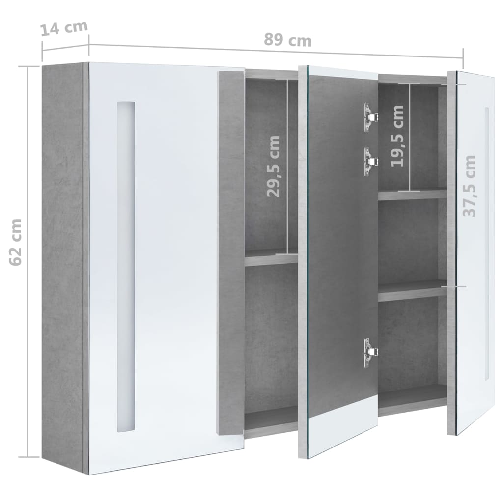 326525 vidaXL LED Bathroom Mirror Cabinet Concrete Grey 89x14x62 cm