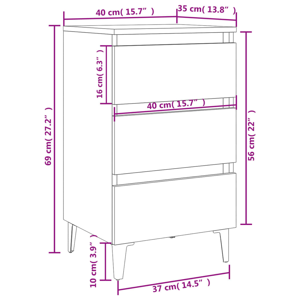 805907 vidaXL Bed Cabinet with Metal Legs Black 40x35x69 cm