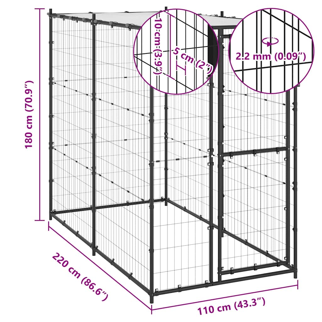 150795 vidaXL Outdoor Dog Kennel Steel with Roof 110x220x180 cm
