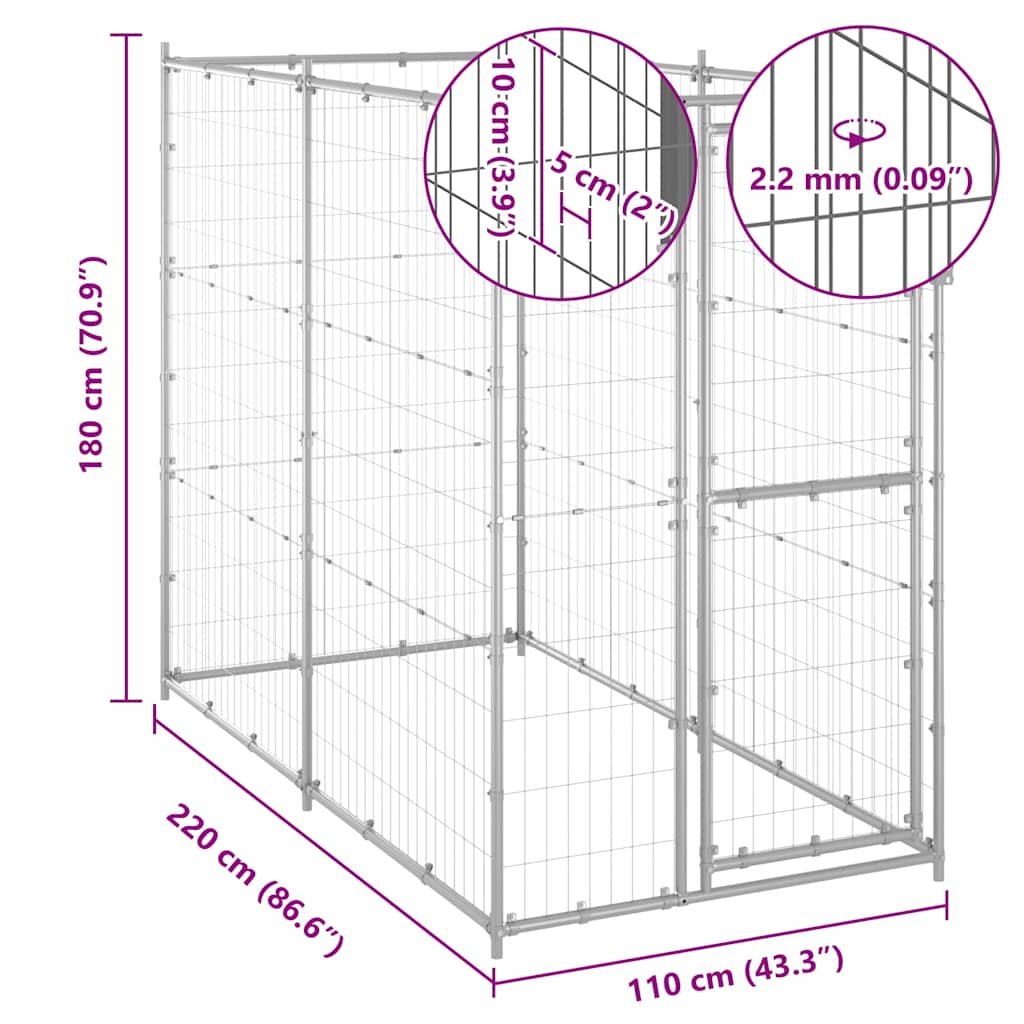 Dog Kennel | Silver | Galvanised steel | 110x220x180 cm | Durable