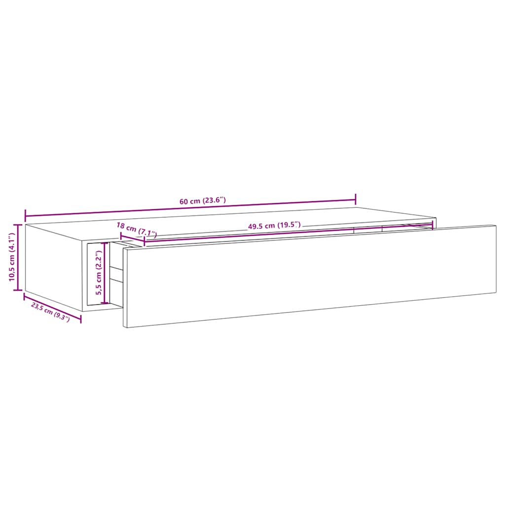 Wall-mounted Drawer Shelf Oak and White 60x23.5x10cm MDF