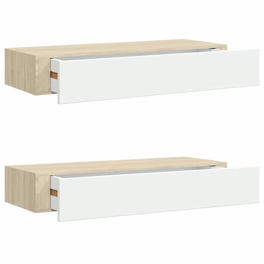 Wall Drawer Shelves 2 pcs Oak and White 60x23.5x10cm MDF Wall Drawer Shelves 2 pcs Oak and White 60x23.5x10cm MDF