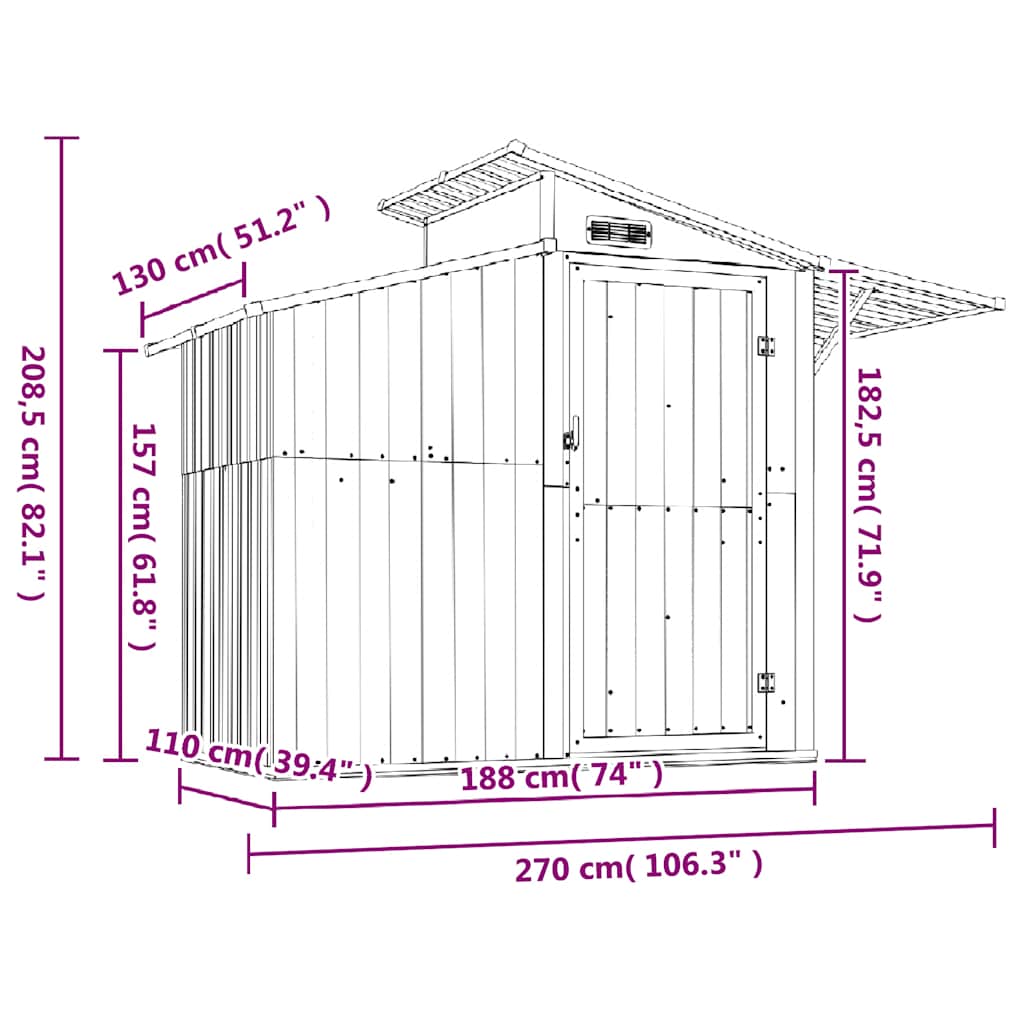 Garden Shed Grey 270x130x208,5 cm Galvanised Steel