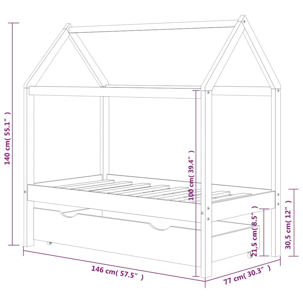 322136 vidaXL Kids Bed Frame with a Drawer Solid Pine Wood 70x140 cm