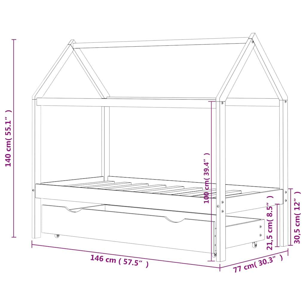 322139 vidaXL Kids Bed Frame with a Drawer White Solid Pine Wood 70x140 cm