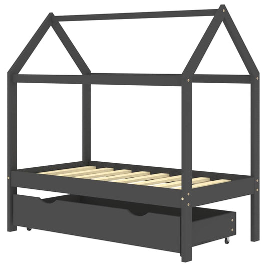 322142 vidaXL Kids Bed Frame with a Drawer Dark Grey Solid Pine Wood 70x140cm 322142 vidaXL Kids Bed Frame with a Drawer Dark Grey Solid Pine Wood 70x140cm