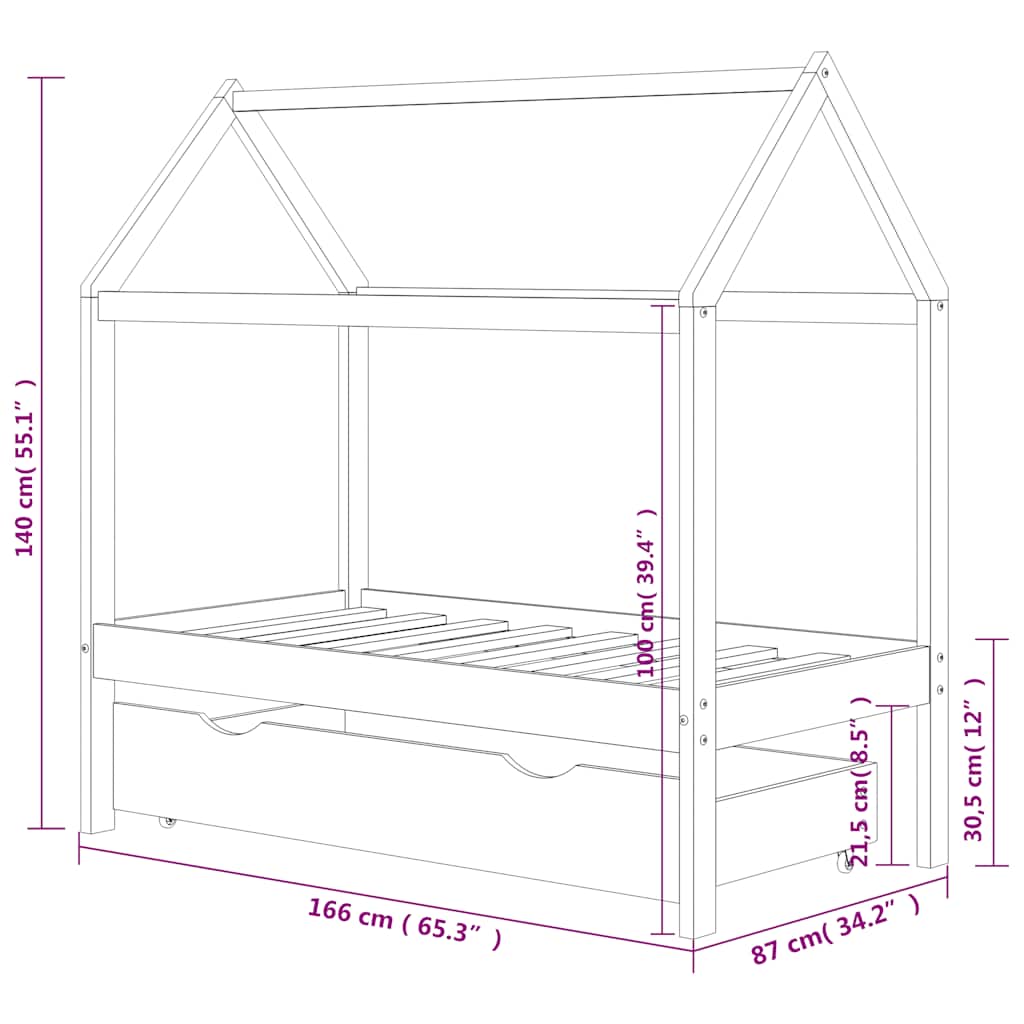322143 vidaXL Kids Bed Frame with a Drawer Dark Grey Solid Pine Wood 80x160cm