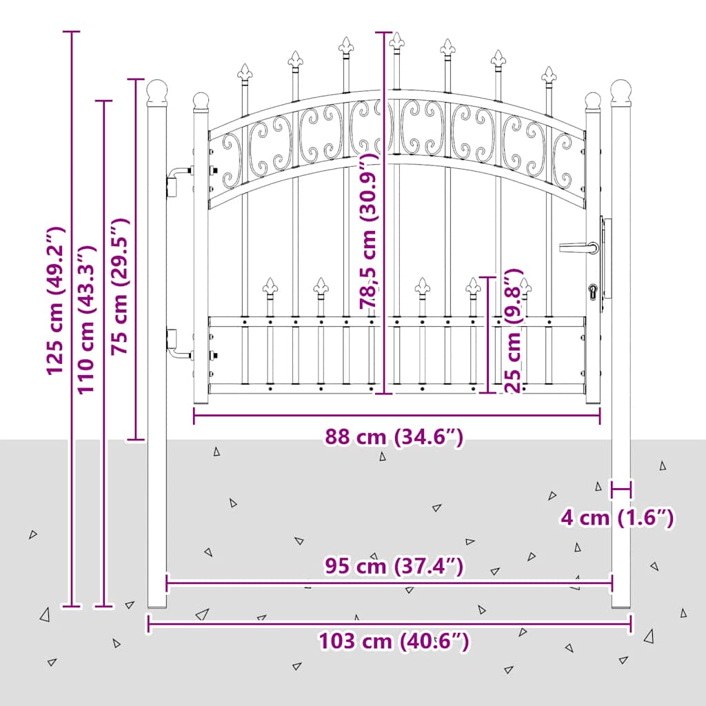 Fence Gate KAMPEN with Spear Top Black 103x75 cm Steel